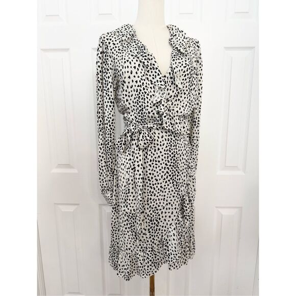Maje Off White Black Rosana Ruffled Long SleeveAnimal Print Wrap Dress Size 2 - Picture 1 of 6